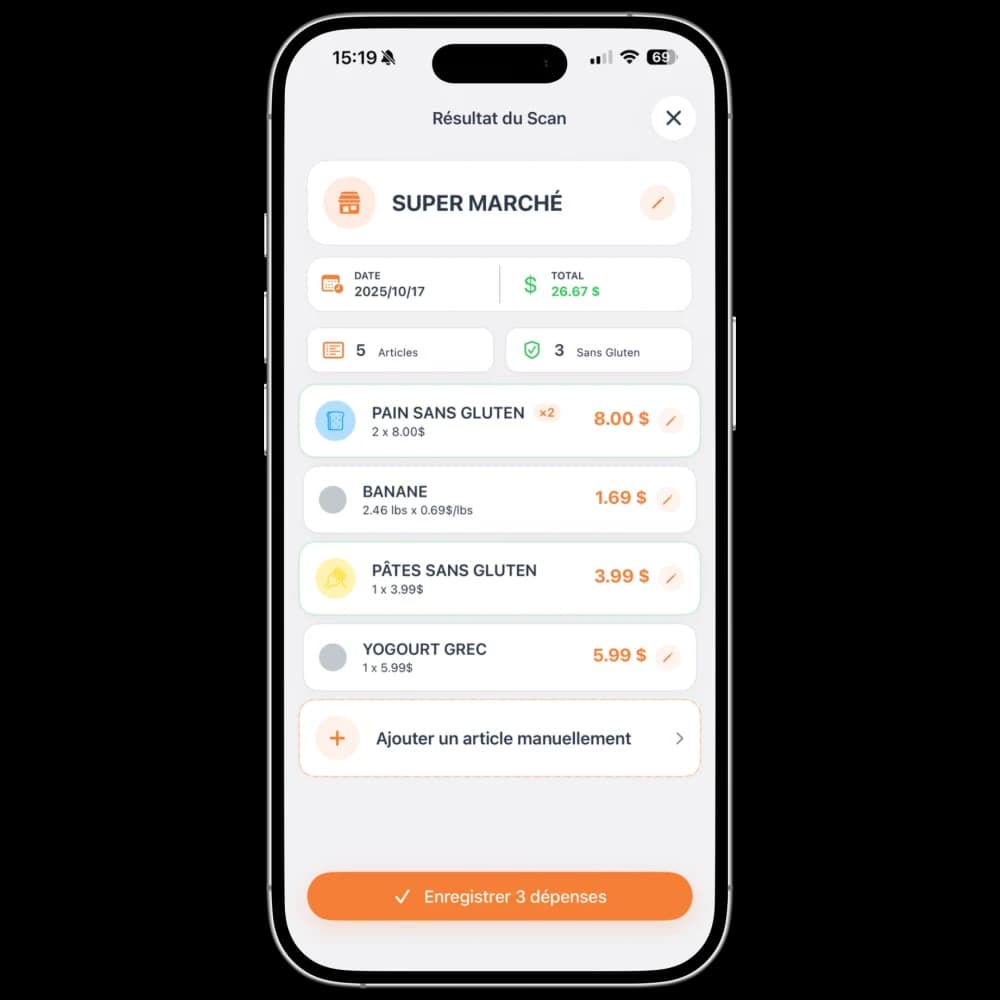 Glutax sur iPhone : vérification des articles extraits d’un reçu